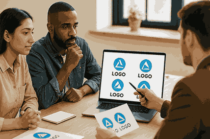 Startup team in Pune reviewing a logo presentation with a professional logo designer