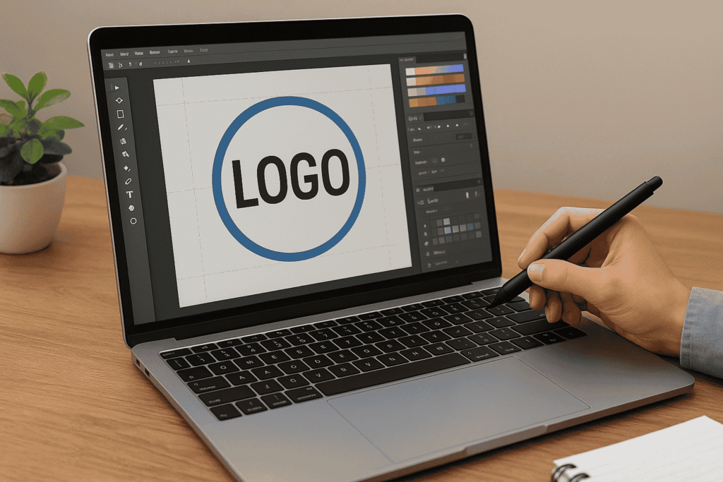 Professional Logo Designer in India working on creative logo design on laptop