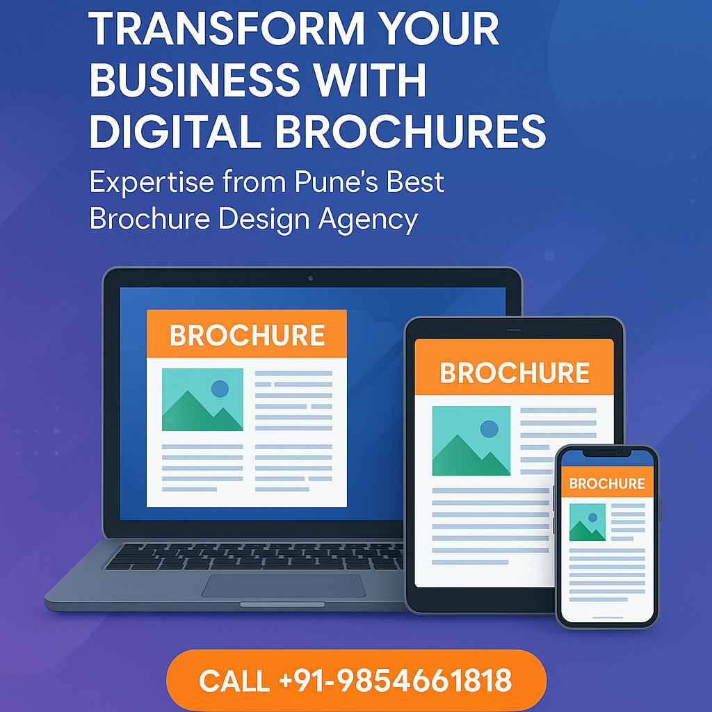 Digital brochures displayed on laptop, tablet, and smartphone by the Best Brochure Design Agency in Pune
