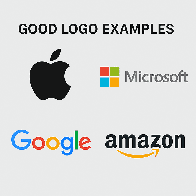 Example of famous logos showcasing Apple, Microsoft, Google, and Amazon as good logo design inspirations.