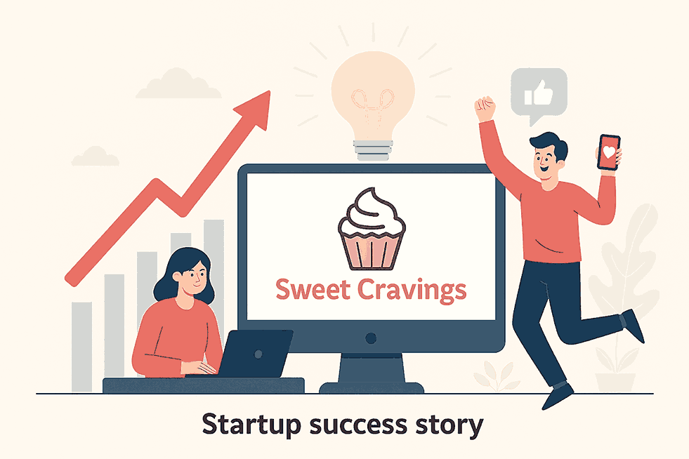Startup success story of Sweet Cravings bakery showing how a good logo boosted growth, branding, and customer trust.