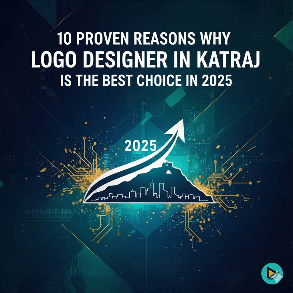 Logo Designer Katraj best choice 2025: Infographic showing digital growth and a city skyline arrow pointing up.