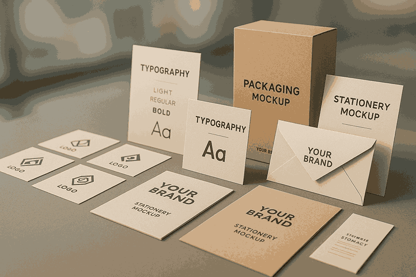 Multiple logo design cards, packaging designs, envelopes, typography samples, and stationery items arranged on a modern desk in a 3D professional mockup layout.
