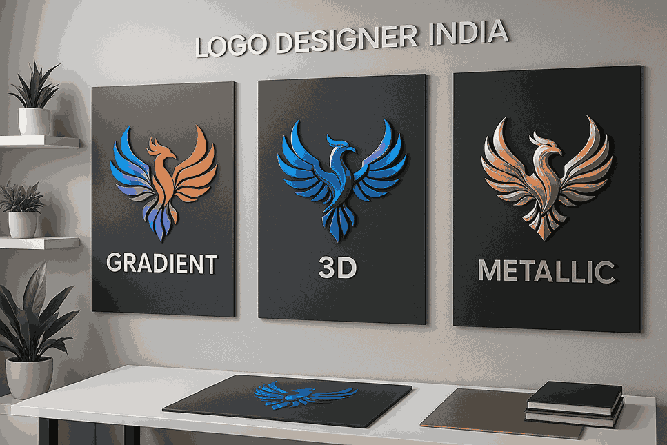 3D, gradient, and metallic logo design samples displayed at Logo Designer India studio in Viman Nagar Pune.