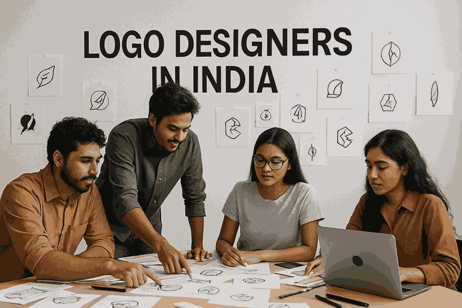 Indian logo designers brainstorming in a landscape studio setup with “Logo Designers in India” written on the wall.