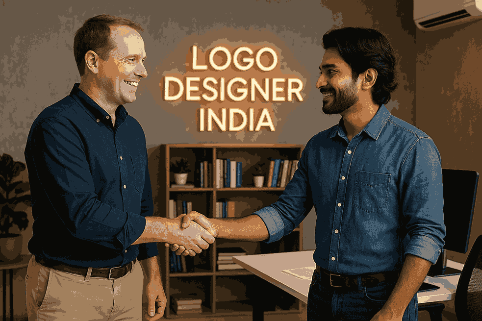 An American customer shaking hands with an Indian designer inside the Logo Designer India office, symbolizing trust, satisfaction, and professional logo design services in India.