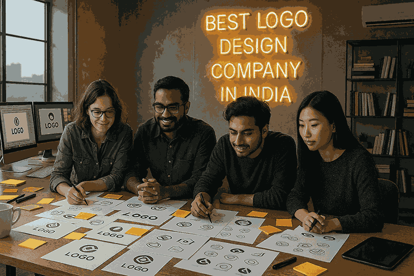 A group of professional logo designers brainstorming in a modern studio, surrounded by logo sketches, computers, colour palettes, and a neon sign reading Best Logo Design Company in India.