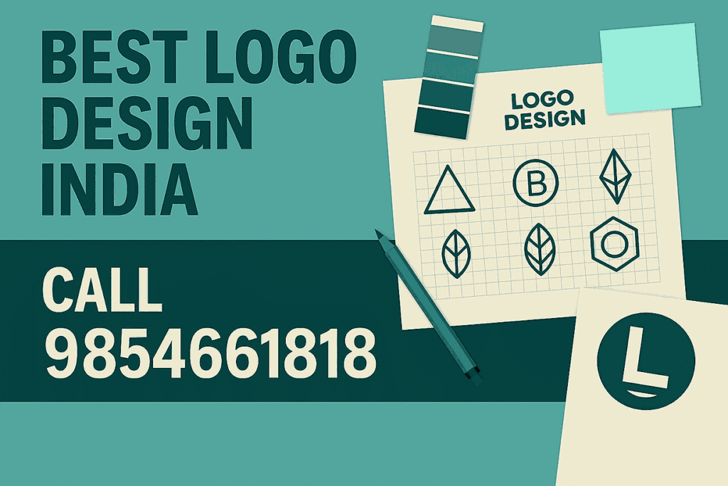 A modern flat-lay style cover image showing logo design sketches, color swatches, and the title Best Logo Design India with a call-to-action displaying phone number 9854661818.