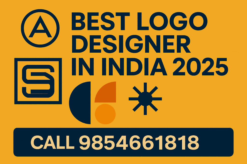 Best logo designer in India 2025 promotional banner with modern geometric logo icons and contact number 9854661818.