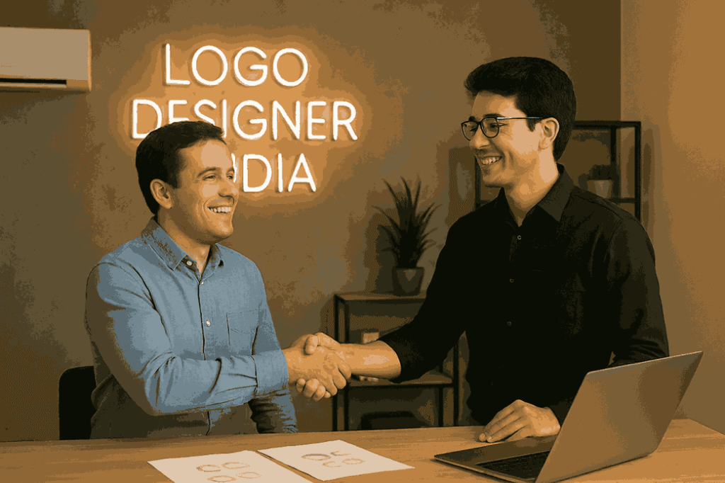 Happy customer shaking hands with the best logo designer in India inside the Logo Designer India office after successful branding consultation.