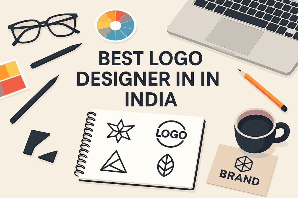 Best logo designer in India cover image showing branding tools, sketchbook with logo concepts, color wheel, laptop, and creative workspace flat lay.