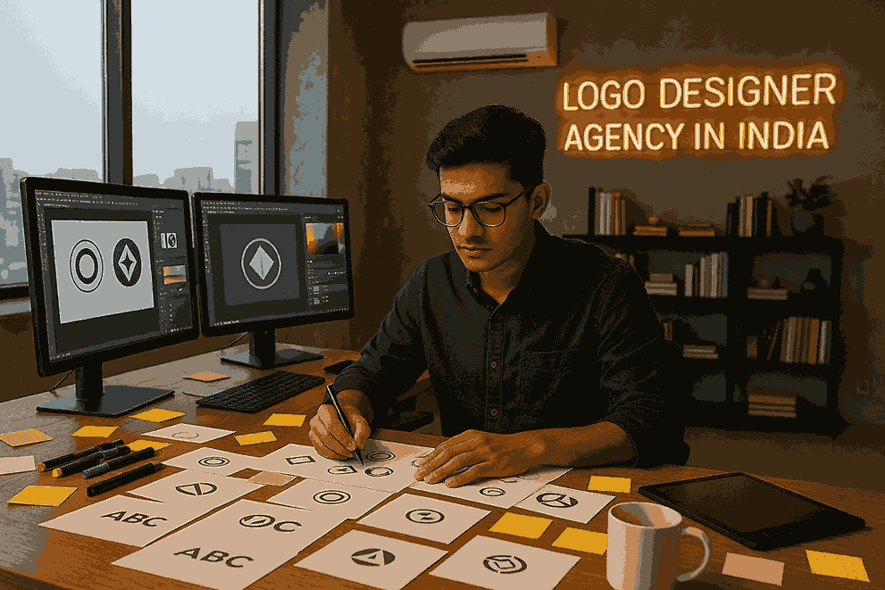 Best logo designer in India working in a modern creative workspace with multiple logo concepts, dual monitors, and neon sign reading “Logo Designer Agency in India”.