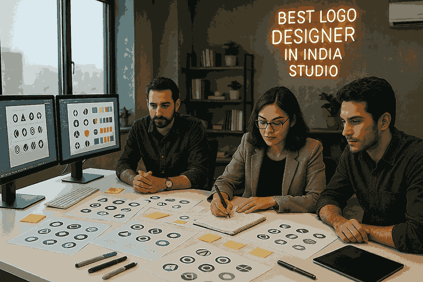 A team of professional logo designers working at a white desk in a modern creative studio, sketching logo concepts surrounded by monitors, papers, and a neon sign reading “Best Logo Designer in India Studio”.