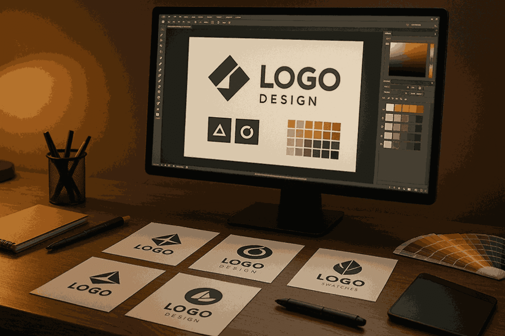 Best logo designer in India workspace showing logo design software, printed logo concepts, color swatches, markers, and professional creative studio setup.