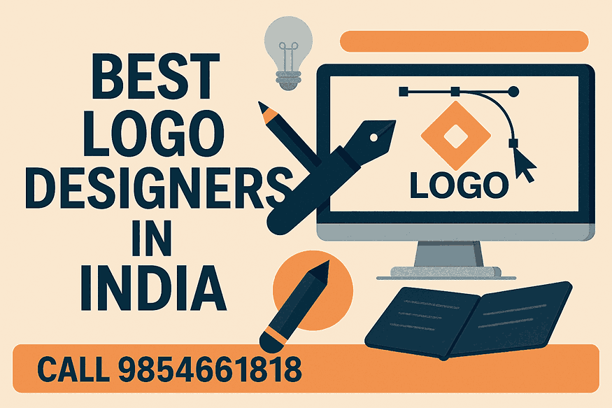 Flat-style illustration featuring the text “Best Logo Designers in India” with design elements including a computer, logo icon, pen, pencil, and a call button displaying 9854661818.