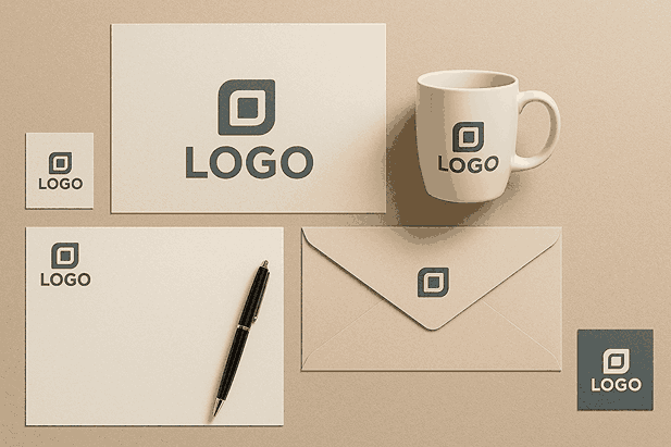 A modern branding mockup displaying logo cards, stationery, envelopes, and a coffee mug with matching logos arranged in a stylish landscape layout.