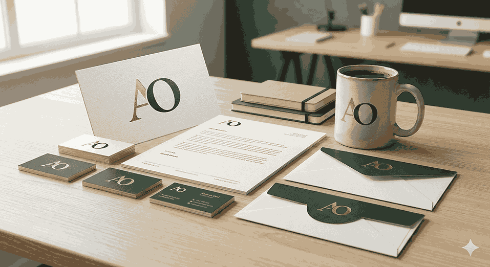 A branding identity set on a wooden desk, including business cards, letterhead, an envelope, a large card, notebooks, and a coffee mug, all featuring a gold and dark green 'AO' monogram logo.