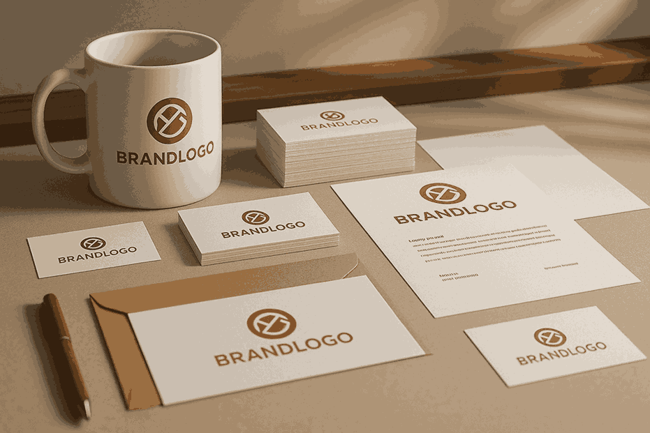 Creative branding display with logo cards, stationery items, envelopes, and a coffee mug showcasing cohesive brand identity.