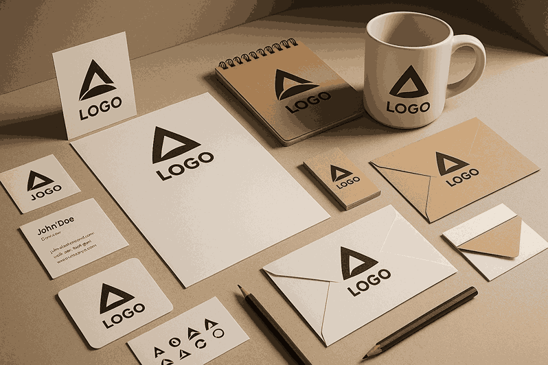 Branding stationery mockup featuring logo cards, envelopes, notepad, coffee mug, and pencils arranged in a modern studio setting.