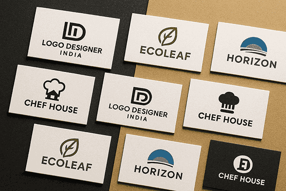 Top-down flat lay of multiple business cards showcasing modern logo designs for Logo Designer India, EcoLeaf, Chef House, and Horizon on a black and golden textured background.