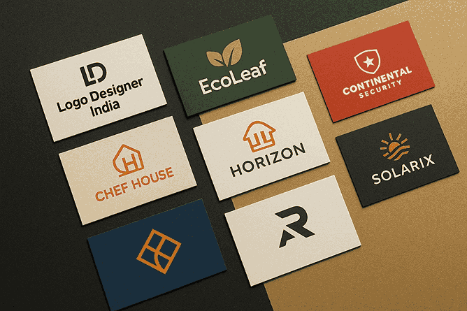 Top-down flat lay of business cards featuring modern logo designs for Logo Designer India, EcoLeaf, Chef House, Horizon, and other brands on a black and gold textured background.
