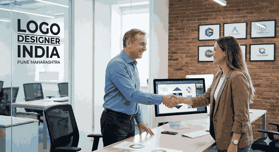 A smiling male client and a female logo designer shaking hands in the modern office of "Logo Designer India" in Pune, Maharashtra, with design software on a computer and framed logos in the background.