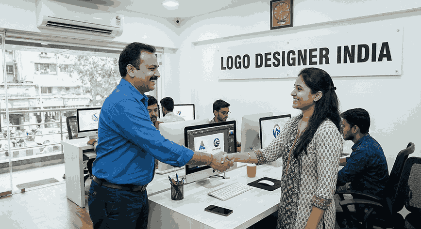 A smiling male client shaking hands with a female designer in the modern "LOGO DESIGNER INDIA" office, with other design team members working at computers in the background.