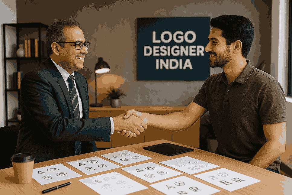 A happy client shaking hands with a logo designer inside the Logo Designer India office, with logo sketches on the desk and a modern studio background.