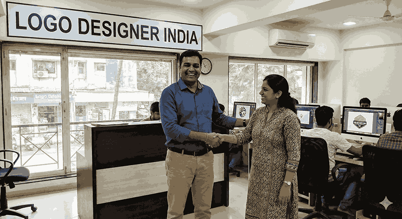A happy male client in a blue shirt and a female team member in a patterned kurta shake hands and smile inside the bustling "LOGO DESIGNER INDIA" office, with other designers working on computers in the background.