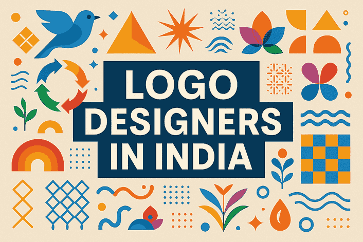 Creative cover image featuring modern design elements, patterns, and branding graphics with the title “Logo Designers in India” in bold typography.