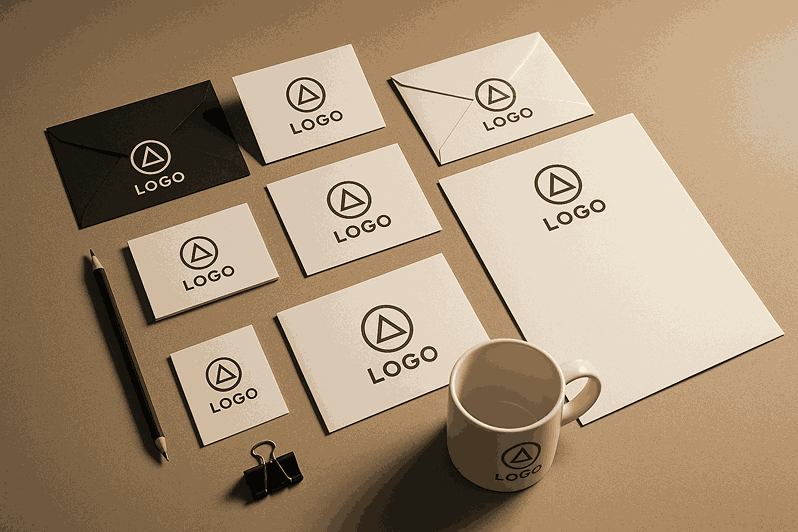 A creative branding display featuring logo cards, stationery, envelopes, and a coffee mug designed by Logo Designer India in Aundh.