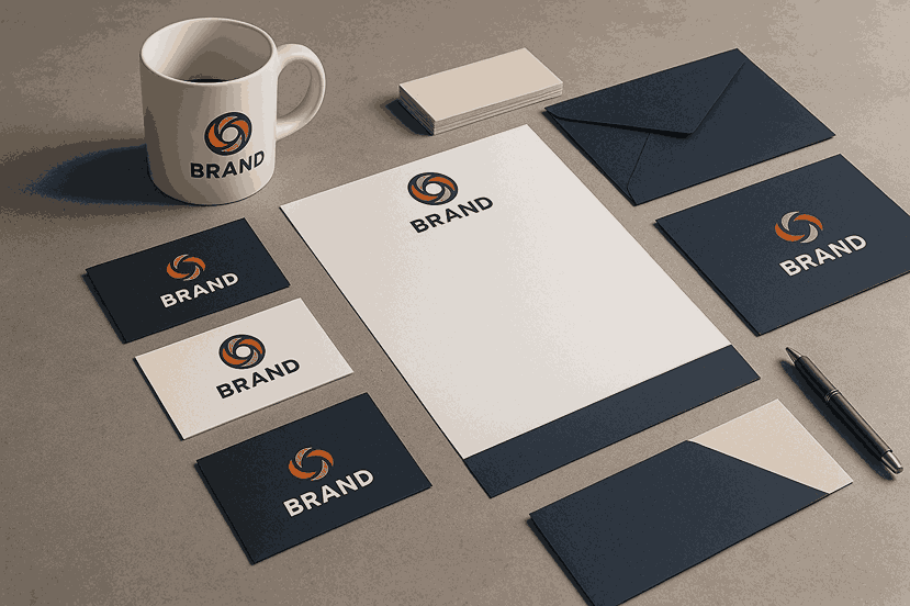 A creative branding display showing logo cards, stationery items, envelopes, and a coffee mug arranged in a modern studio setting with cohesive brand identity.
