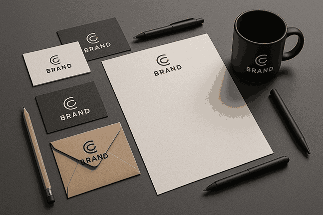 A modern branding display featuring business cards, letterhead, envelope, and coffee mug with a matching minimalist logo, arranged on a dark background under soft studio lighting.