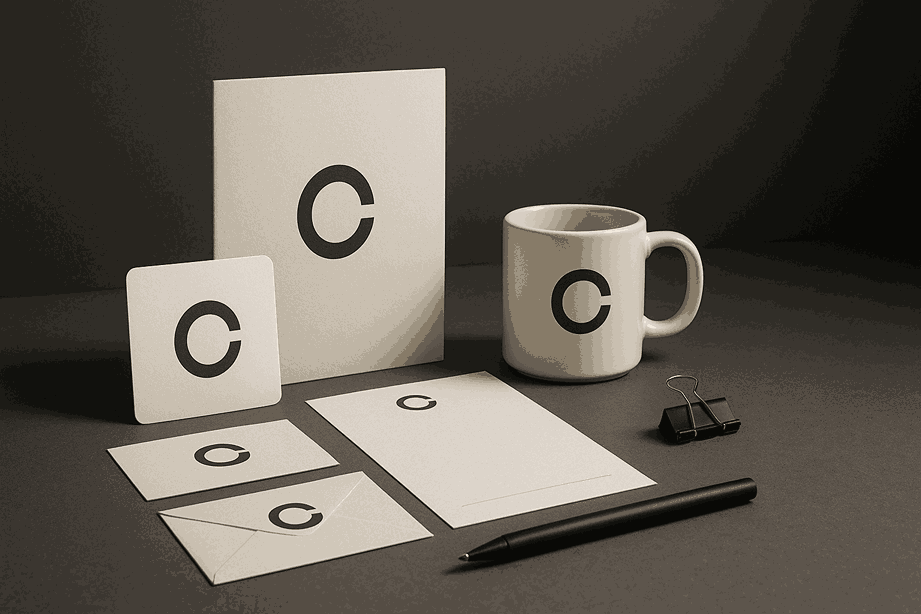 Modern branding mockup with logo cards, stationery, envelopes, and coffee mug displayed on a dark surface under soft studio lighting.
