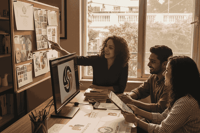 A creative logo designer in Kalyani Nagar, India, points to a mood board during a client meeting, discussing branding concepts with two clients.