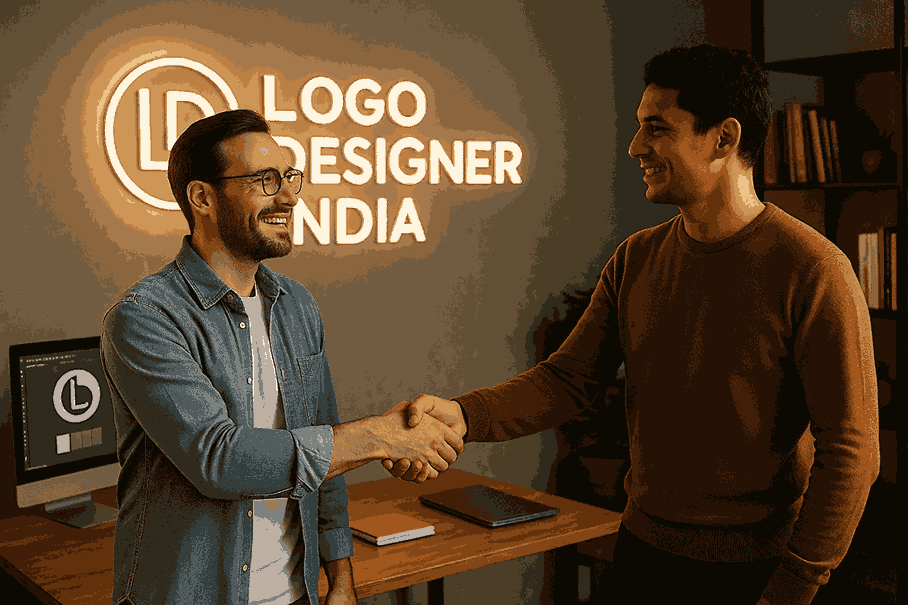 A happy customer shaking hands with a designer inside the Logo Designer India office, with a glowing logo sign and a modern creative workspace in the background.