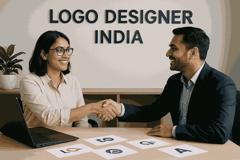 A customer shaking hands with a designer inside the Logo Designer India office.