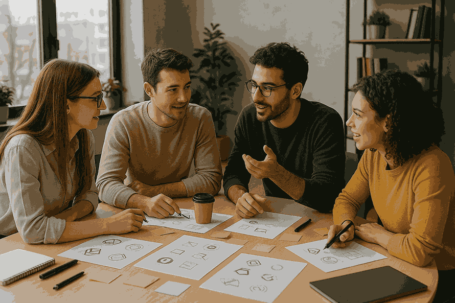 A group of designers brainstorming together in a modern office, discussing logo sketches and creative ideas around a table with papers, pens, and sticky notes.