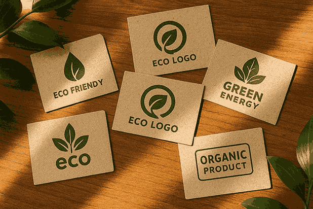 Eco-friendly logo designs printed on recycled kraft paper business cards placed on a wooden table with green leaves and sunlight, symbolizing sustainability and natural branding.
