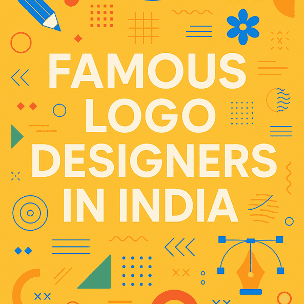 Creative cover image with the title “Famous Logo Designers in India” featuring colorful design elements, patterns, and graphic illustrations.