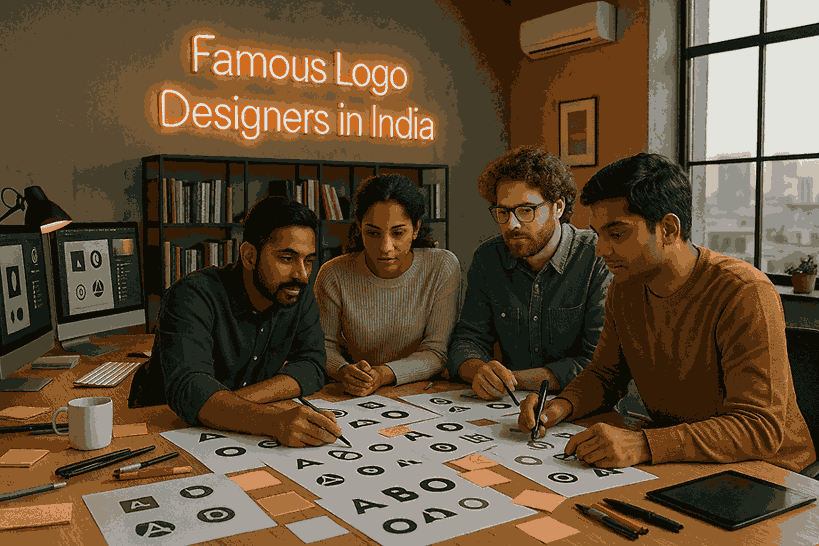 Group of famous logo designers in India working together at a creative studio desk reviewing logo concepts and colour palettes.