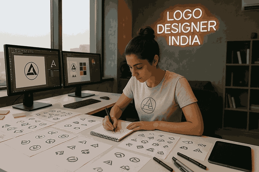 Young female logo designer in a modern studio sketching logo concepts at a white desk with dual monitors and a neon sign reading LOGO DESIGNER INDIA.