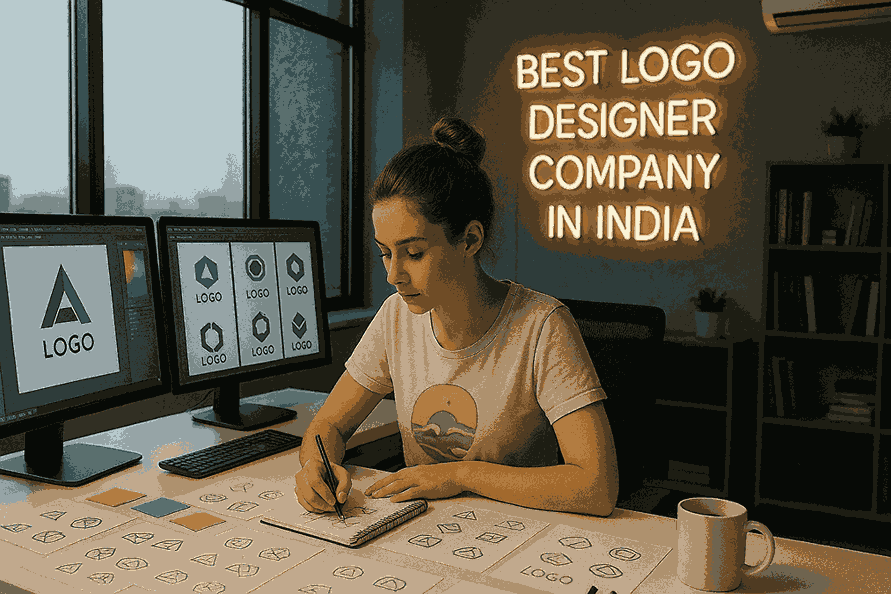 A young female logo designer sketching logo concepts in a modern studio with dual monitors and a neon sign reading Best Logo Design Company in India.