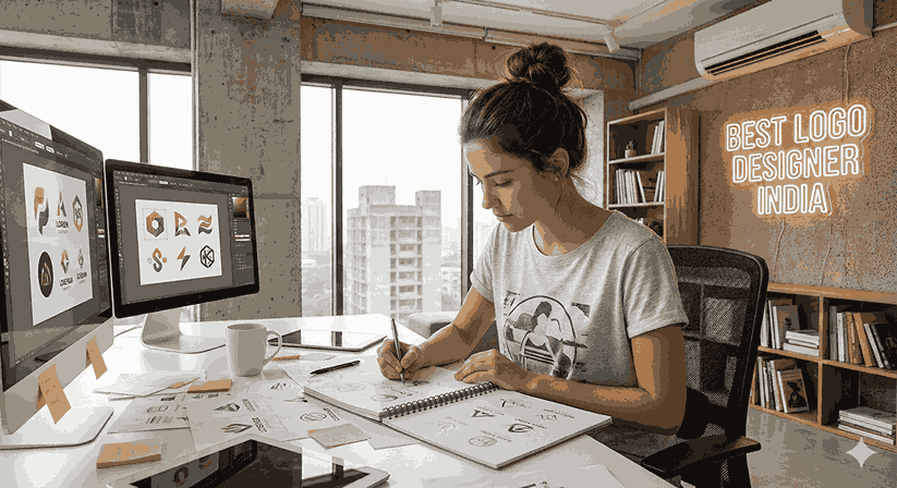 Young female logo designer sketching in a modern studio in India with a neon sign reading "BEST LOGO DESIGNER INDIA