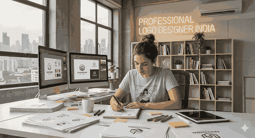 A female logo designer in a modern studio with a bun, sketching in a notebook. Her desk is covered with design papers and markers. Two monitors show design software, and a neon sign in the background reads \"PROFESSIONAL LOGO DESIGNER INDIA\". Large windows overlook a city.