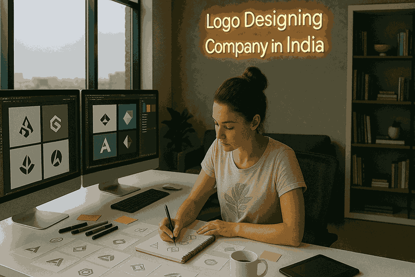 A young female logo designer sketching logo concepts at a modern studio desk with dual monitors, creative tools, and a neon sign reading ‘Logo Designing Company in India’