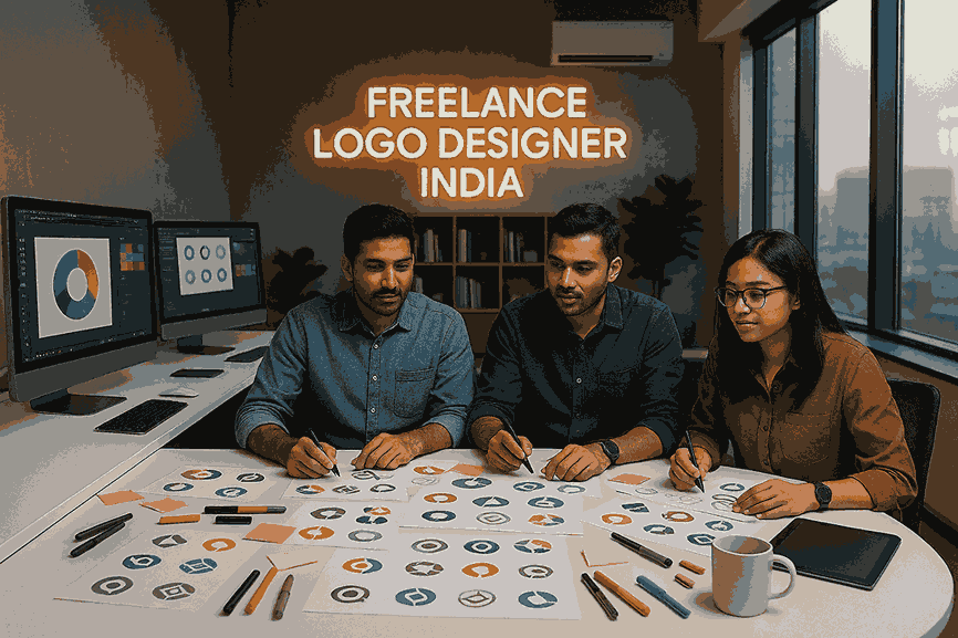 A team of freelance logo designers in India working together in a modern studio with logo sketches, monitors, and a neon sign.
