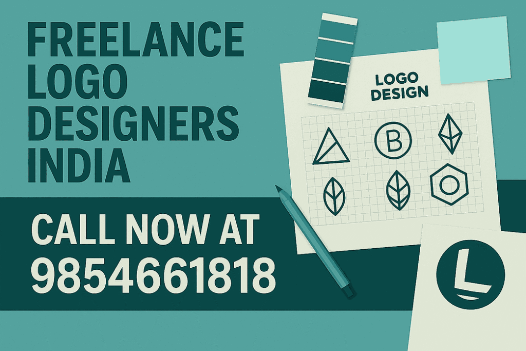 Freelance logo designers India cover image featuring logo sketches, color palettes, and a call now section.