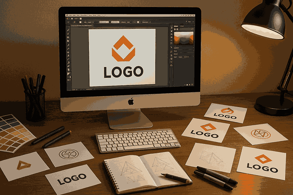 A landscape view of a graphic designer’s workspace with logo design software open, printed logo concepts, sketchbook drafts, markers, and color swatches.