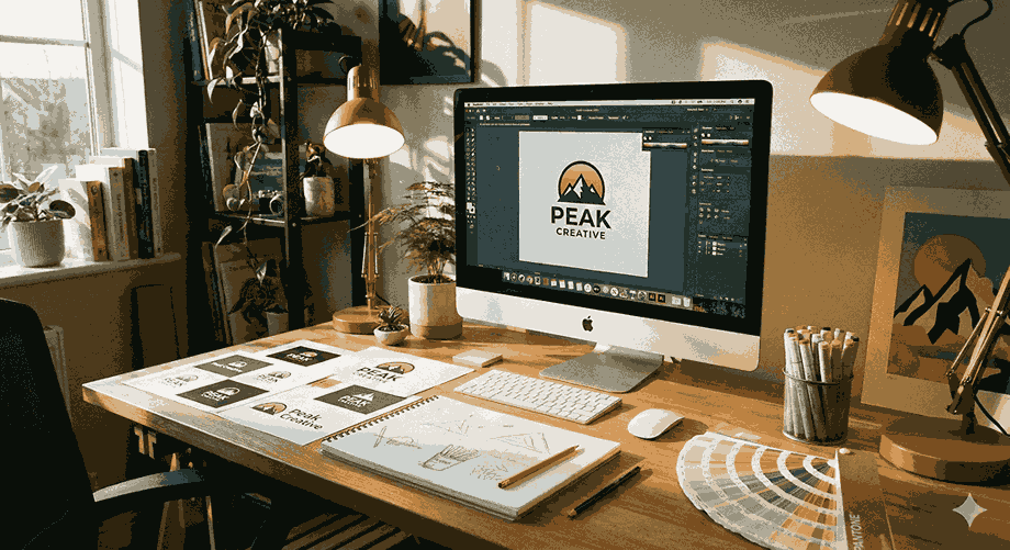 A graphic designer's workspace with an iMac displaying the "Peak Creative" logo, a sketchbook with logo drafts, color swatches, markers, and two desk lamps on a wooden desk by a window.
